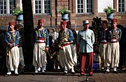 1st Tirailleurs of Épinal regiment displaying late 19th century uniforms for Bastille Day in Strasbourg.