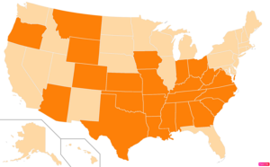 States in the United States by Evangelical Protestant population according to the Pew Research Center 2014 Religious Landscape Survey.[248] States with Evangelical Protestant populations greater than the United States as a whole are in full orange.