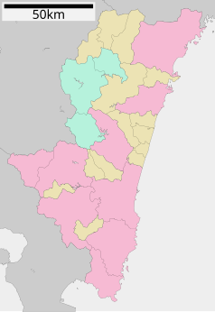 Mapa konturowa prefektury Miyazaki, blisko centrum na prawo znajduje się punkt z opisem „Kawaminami”