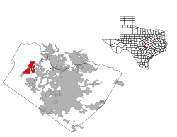 Location within Travis County in Texas