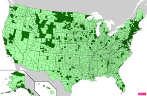 Counties in the United States by per capita income according to the U.S. Census Bureau American Community Survey 2013–2017 5-Year Estimates.[265] Counties with per capita incomes higher than the United States as a whole are in full green.