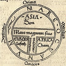 Este mapa com as letras T e O, abstrai o mundo conhecido da sociedade para uma cruz inscrita num orbe, refaz a geografia a serviço do cristão, e identifica os três continentes conhecido como povoados pelos descendentes de Sem, Cam, e Jafé.