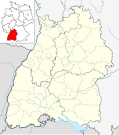 Mapa konturowa Badenii-Wirtembergii, po lewej nieco na dole znajduje się punkt z opisem „Lahr/Schwarzwald”