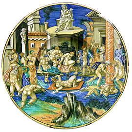 A maiolica dish titled The Tiber in Flood that was painted by Francesco Xanto Avelli.[11] It is thought that between 1531 and 1535 Francesco Xanto Avelli saw Agostino Veneziano's copy of I modi.[1] There are five figures on this dish that have the same postures as those in images numbered 1, 3, 8 and 14 in the woodcut booklet.[1]