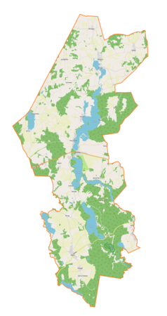 Mapa konturowa gminy Sorkwity, blisko centrum na prawo u góry znajduje się punkt z opisem „Stama”