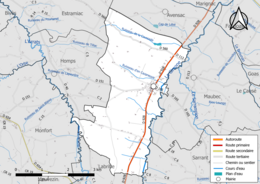 Carte en couleur présentant le réseau hydrographique de la commune