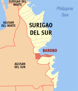 Mapa ng Surigao del Sur na nagpapakita sa lokasyon ng Barobo.