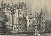 Dessin en noir et blanc représentant un château avec de nombreuses tours.