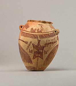 Vase funéraire : bateau, oiseaux et vêtement (peau) à couvrir le mort, tendu sur des perches. Metropolitan Museum of Art