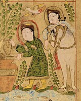 Figures in Turkic dress, with aqbiya turkiyya coat, tiraz armbands, boots and sharbush hat. Kitāb al-Diryāq, Jazira, 1198-1199 CE.[90]