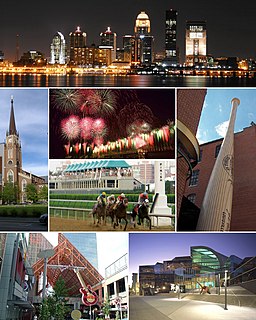 Från toppen: Louisville skyline, Cathedral of the Assumption, Fyrverkeri under Kentucky Derby Festival, Kentucky Derby, Louisville Slugger Museum & Factory, Fourth Street Live!, The Kentucky Center for the Performing Arts.