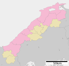 Mapa konturowa prefektury Shimane, w centrum znajduje się punkt z opisem „Powiat Ōchi”