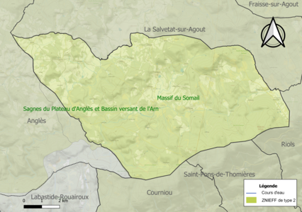 Carte des ZNIEFF de type 2 sur la commune.