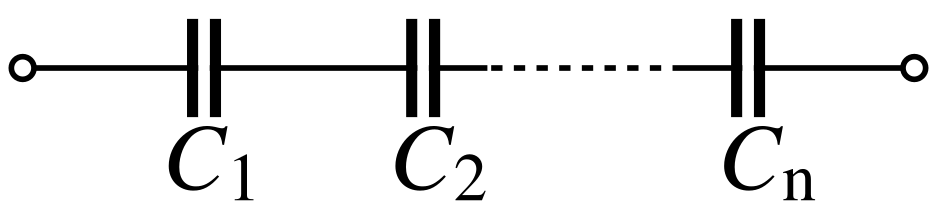 A diagram of several capacitors, connected end to end, with the same amount of current going through each