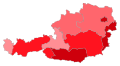 States in which the SPÖ is involved in the state government as a head coalition partner (dark red), as a small coalition partner (medium red) and in which the SPÖ is represented in the state parliament as an opposition party (light red)