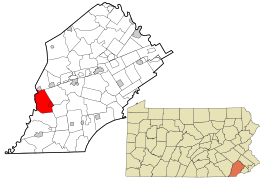 Location of West Fallowfield Township in Chester County (left) and of Chester County in Pennsylvania (right)