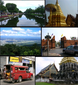 Trên bên trái: East moat, Chiang Mai; trên bên phải: Stupa, Wat Phra That Doi Suthep; giữa bên trái: View from Doi Suthep of downtown Chiang Mai; giữa bên phải: Tha Phae Gate; dưới bên trái: A songthaew shared taxi; dưới bên phải: Wat Chiang Man