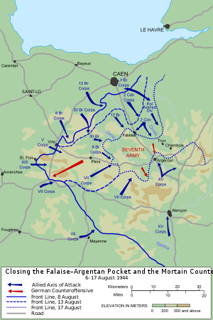 Kort over slagets forløb fra 8.-17. august 1944. Allierede angreb er vist i blåt og den tyske Mortain offensiv og senere modangreb i rødt