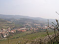 Veduta di Cazzano di Tramigna all'inizio del periodo di fioritura dei ciliegi.