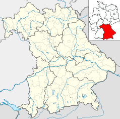 Mapa konturowa Bawarii, blisko górnej krawiędzi znajduje się punkt z opisem „Neustadt bei Coburg”