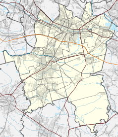 Mapa konturowa Katowic, u góry nieco na prawo znajduje się punkt z opisem „Akademia Muzyczna im. Karola Szymanowskiego”