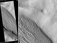 Lineated valley fill in Coloe Fossae, seen by HiRISE. Scale bar is 500 meters long. Image located in Ismenius Lacus quadrangle.