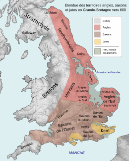 Carte de la Grande-Bretagne montrant le Nord de l'Angleterre dominé par les Angles, le Sud-Ouest par les Saxons, et le Kent et l'île de Wight par les Jutes. Les Celtes occupent encore l'Ouest de l'île et l'Écosse.