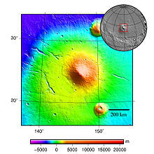 エリシウム山およびその周辺の地形図（マーズ・グローバル・サーベイヤーの火星軌道レーザー高度計の観測データを基に作成）