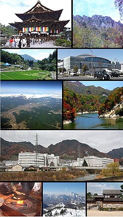 From top of left, Zenkoji, Mount Togakushi, Kinasa village, Nagano Big Hat arena, Aerial in Kawanakajima, Susobana Valley [ja], headquarters of Marukome (famous miso manufacturing company) in Nagano, Oyaki Japanese sweets a.k.a Imagawayaki, Togakushi ski resort [ja], and Matsushiro Castle