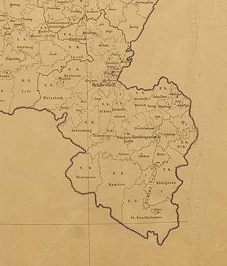 Gemeindegrenzen Bezirksamt Berchtesgaden von 1892, die noch relativ große gemeindefreie Gebiete bzw. F. B. = Forstbezirke enthielten