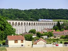 Un viaduc en pierre surplombant des maisons. Un train y passe. Forêt à l'arrière-plan.