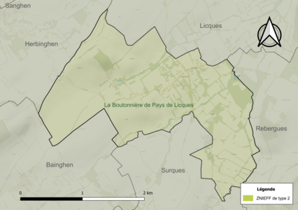 Carte de la ZNIEFF de type 2 sur la commune.