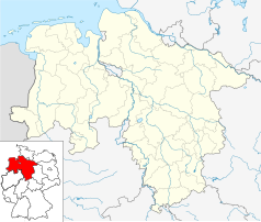 Mapa konturowa Dolnej Saksonii, w centrum znajduje się punkt z opisem „Rehburg-Loccum”