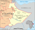 Mapa da Etiópia (em alemão) com a região da Somália, Ogadênia e Ogadênia – as províncias anteriores a 1995 em cinza, as regiões contemporâneas em vermelho.