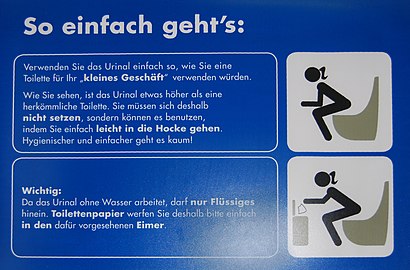 Graphical instructions on how to use a female urinal in a public restroom (Frankfurt, Germany)