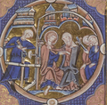 Illuminasjon fra et manuskript fra 1200--tallet tilhørende samlingen til det franske nasjonalbiblioteket (Bibliothèque nationale de France, Département des manuscrits). Personen til venstre står ved dreiebenken og arbeider.