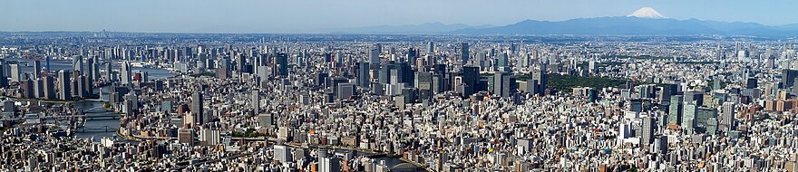 photo d'une concentration de gratte-ciels avec le Mont Fuji en arrière-plan