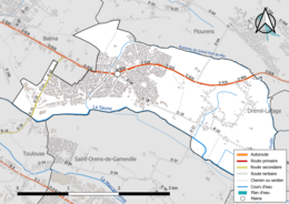 Carte en couleur présentant le réseau hydrographique de la commune