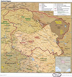 Kargil is the joint capital of Ladakh, the eastern part of the Indian-administered regions (shaded in tan) of the Kashmir region[1]