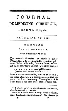 Dokter Pierre-François Percy's oorspronkelijke verhandeling over Tarrare's medische geschiedenis, Mémoire sur la polyphagie (1805), beschrijft gedetailleerd de uitzonderlijke eetlust en eetgewoonten van Tarrare.