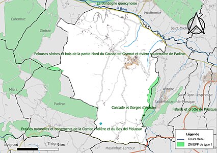 Carte des ZNIEFF de type 1 sur la commune.