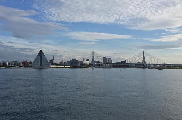 Aomori Bay Bridge and ASPAM as seen from the west lighthouse of Aomori Bay.