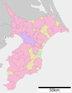 Mapa konturowa Chiby, blisko centrum na lewo znajduje się punkt z opisem „Ichihara”