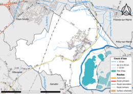 Carte en couleur présentant le réseau hydrographique de la commune