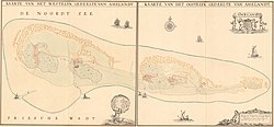 Kaart van Ameland uit 1731 met de drie eilanden (Pieter de la Rive, twee kaartbladen uit de Atlas Hattinga III)