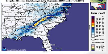 A map showing how much snowfall in inches occurred across the United States as a result of the winter storm, the map of which shows a narrow corridor of higher snowfall accumulations across the Southeastern United States, most notably across eastern Alabama, northwestern Georgia, and western North Carolina.