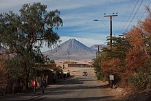 Licancabur seen from a tree-lined town road