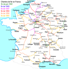 Plan du réseau ferré de France jusqu'en 1860.