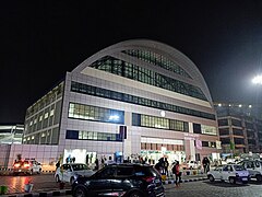 Main entrance of railway station, at night 2021