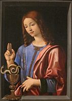 Piero di Cosimo St. Joan Evangelista, oli sobre taula, 1504-6, Acadèmia de les Arts d'Honolulu, EUA